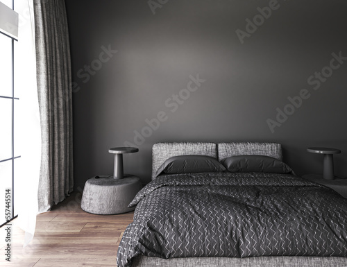 Black modern minimalism interior of stylish master bedroom with wooden floor, comfortable king size bed and large window. Front view. Mockup gray wall. 3d rendering. High quality 3d illustration