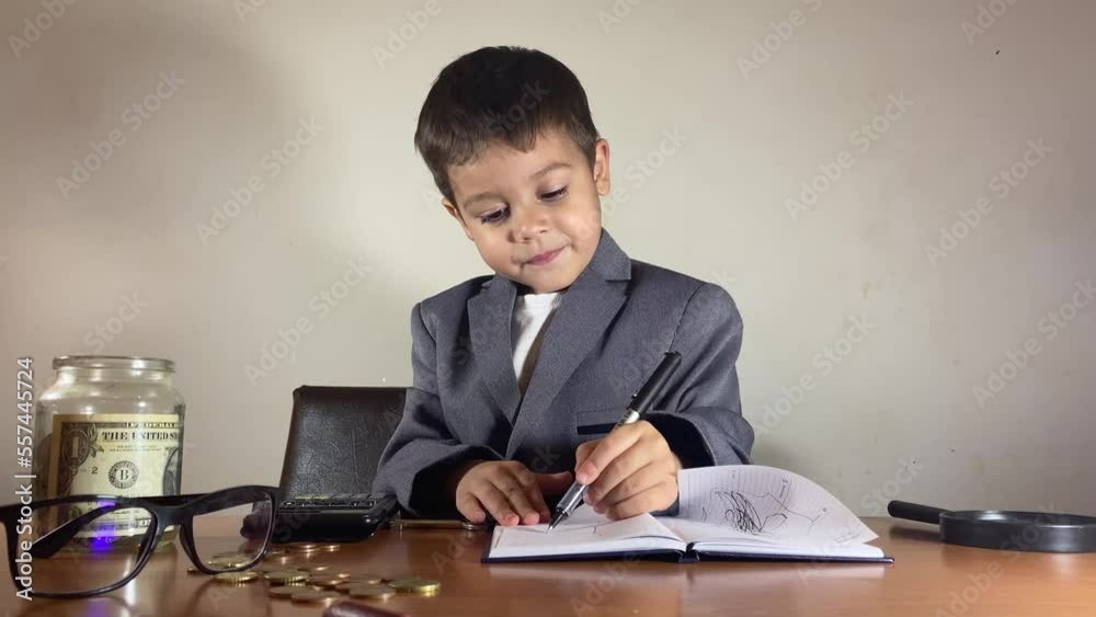 Cute child counting coins and filling in a jar with savings. Using calculator and writing into the journal. Financial planing concept. High quality 4k footage Cute child counting coins and filling in a jar with savings. Using calculator and writing into the journal. Financial planing concept. High quality 4k footage