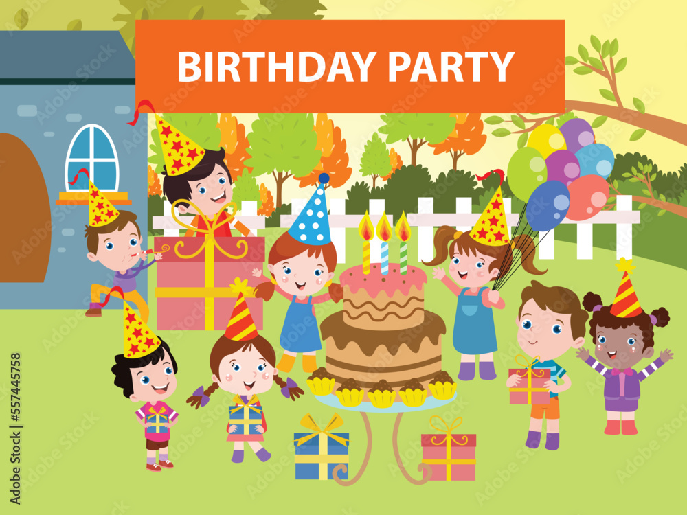 Kids birthday party event at backyard, illustration vector concept Kids birthday party event at backyard, illustration vector concept