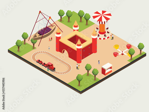 Amusement park vector concept. Visitors enjoying leisure time together at weekend while visiting in the amusement park