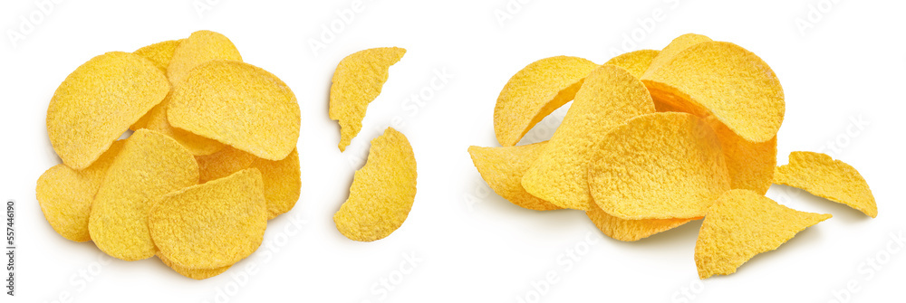 Potato chips isolated on white background with full depth of field. Top view. Flat lay. Potato chips isolated on white background with full depth of field. Top view. Flat lay.