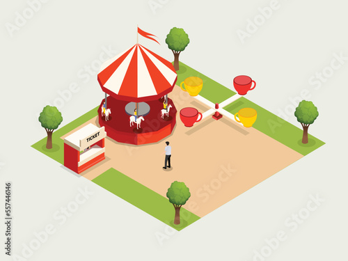 kids playing with carousel horse while having fun in the amusement park