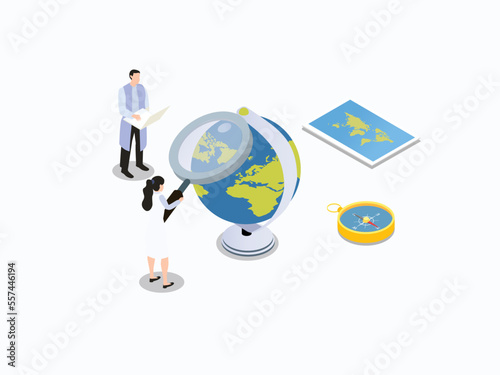 Science vector concept. Two scientist doing research with globe earth while holding magnifying glass