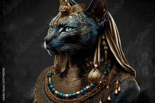 Ancient Egyptian Goddess Bastet In Gold With Blue Color On Black Background photo
