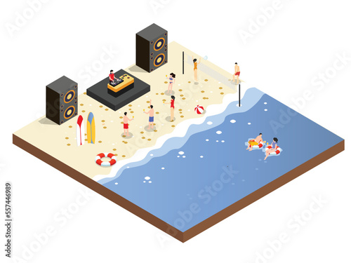 DJ music concert on beach 3d isometric vector concept