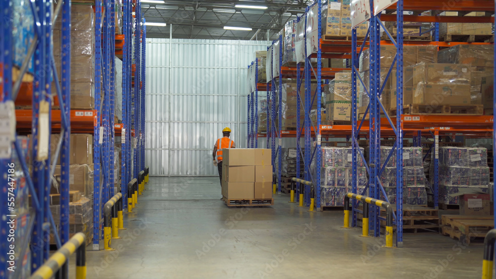 Portrait of black man worker working in large warehouse retail store industry factory. Rack of stock storage. Cargo in ecommerce and logistic concept. Depot. People lifestyle. Shipment service.
