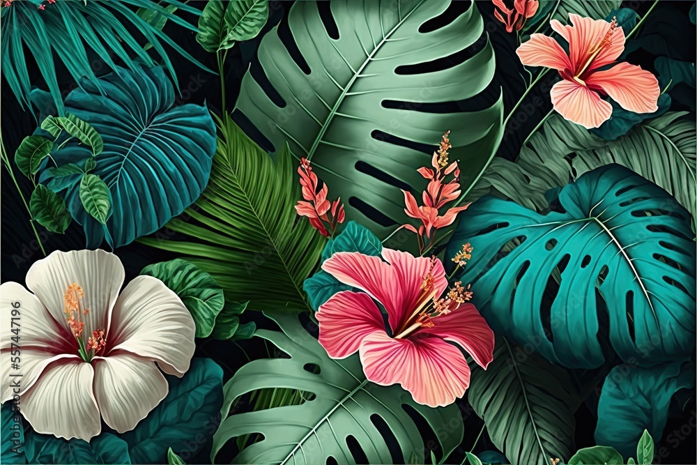 custom made wallpaper toronto digitala picture of a tropical plant with flowers and leaves on a black background with a white border around the edges.