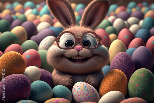 Cute happy nerdy bunny burried in Easter eggs created using Generative AI technology.