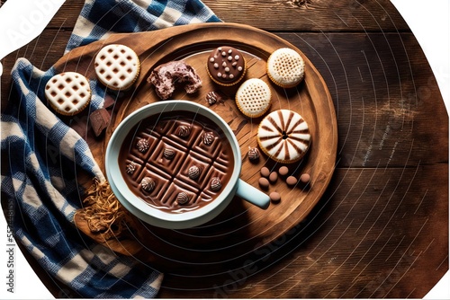 a cup of hot chocolate surrounded by cookies and cookies on a wooden plate with a blue and white towel.
