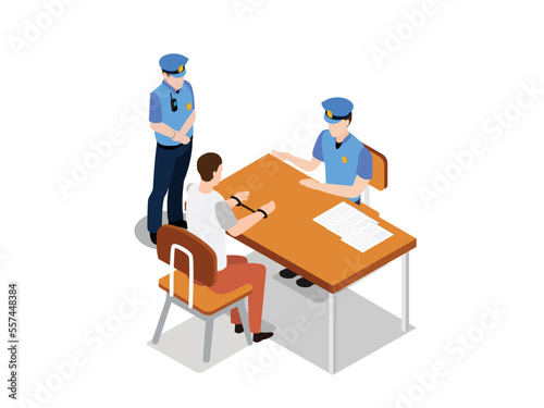 Two policemen interrogating a prisoner while sitting in the interrogation room