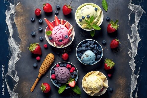 a variety of ice creams and berries on a table with ice cream and strawberries on the table.