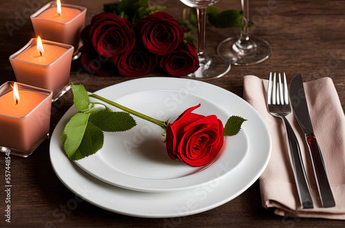 photography of a white plate topped with a red rose , love, heart, valentine, - AI Generated