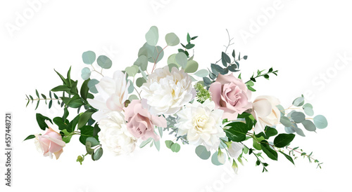 Silver sage green and blush pink flowers vector design bouquet. Dusty rose, white dahlia, beige magnolia