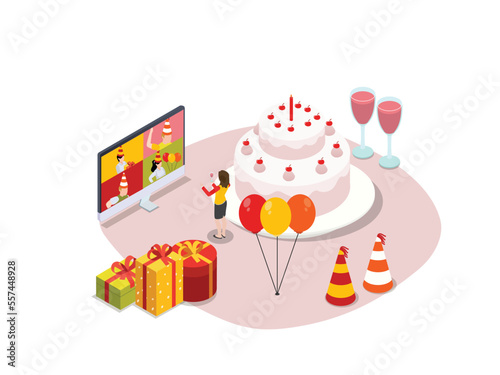 Party online vector concept. Young woman celebrating her birthday party with her friends while doing video call by using computer