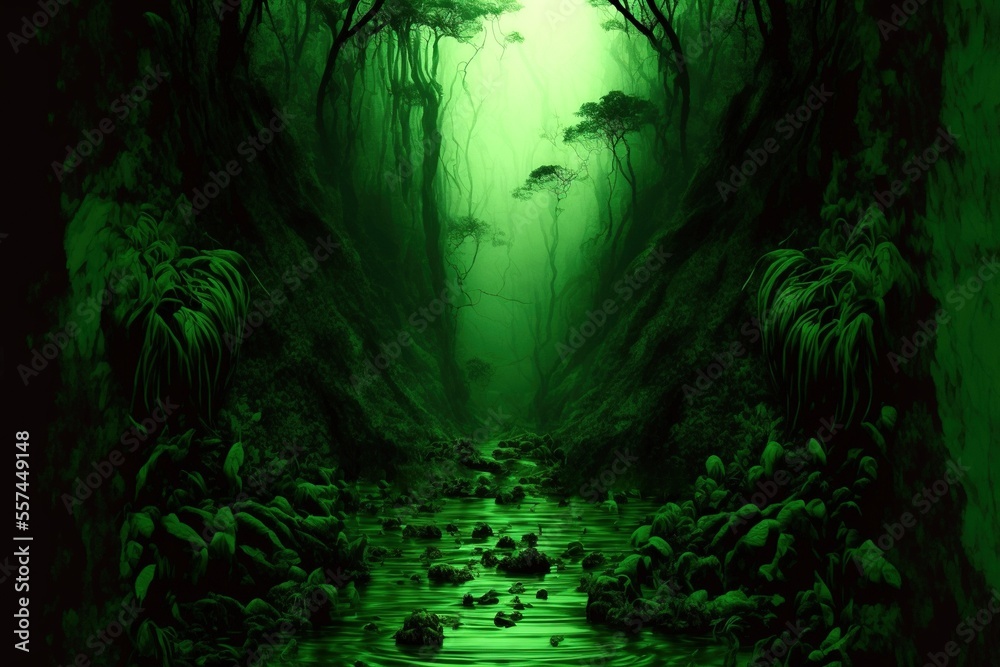 A dark green wallpaper of a tropical rainforest jungle, generative ai