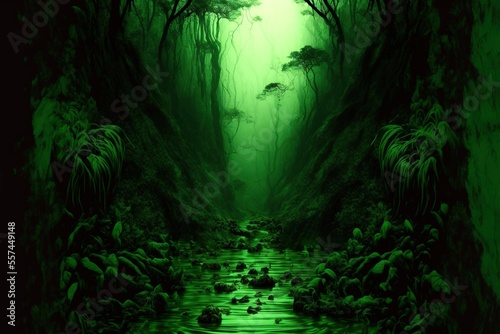 A dark green wallpaper of a tropical rainforest jungle, generative ai