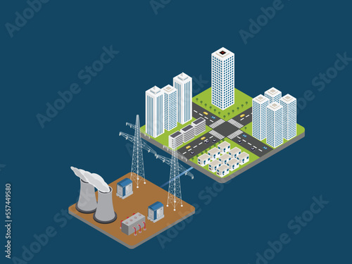 Gas turbine electrical power plant and modern building in the city district