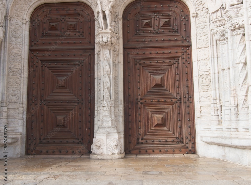Ornate, wooden doors to St. Jerome Monastery in Lisbon, Portugal