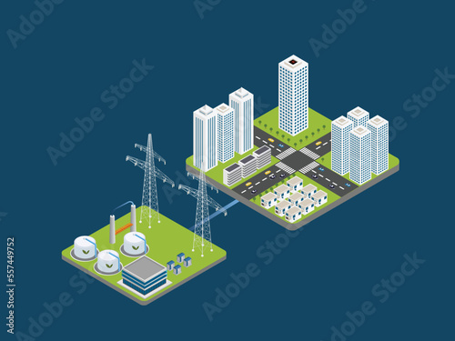 Bio fuel electricity plant isometric 3d vector concept