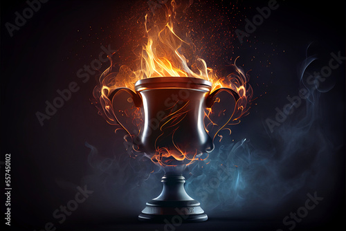 Burning Winners' Cup made of fire, sparks and smoke. Success conceptual symbol. Digitally generated AI image