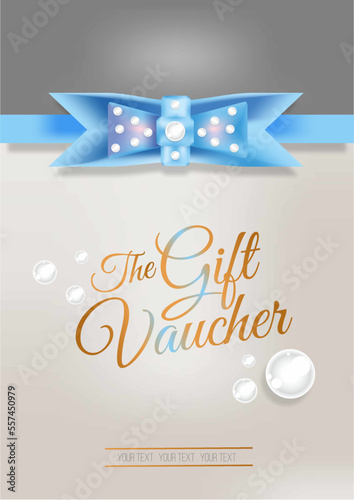 Decorative form, voucher. Grey letterhead with blue,satin ribbon and a bow with white pearls