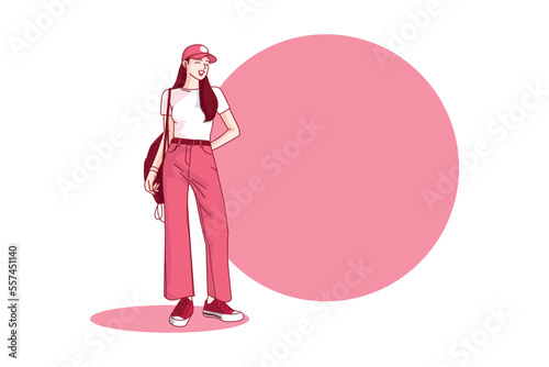 student teenager lifestyle dress up. viva magenta color trends design. vector illustration flat style on white background .
