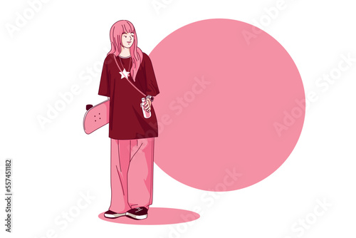 student teenager lifestyle dress up. viva magenta color trends design. vector illustration flat style on white background .