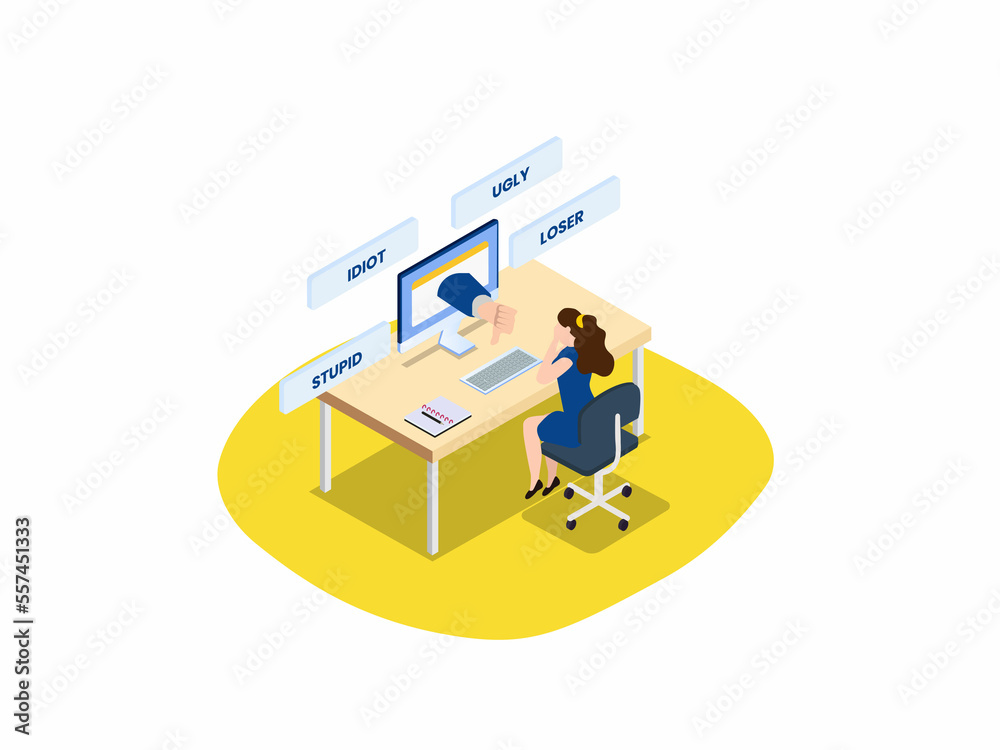Woman crying with thumb down on computer screen Woman crying with thumb down on computer screen