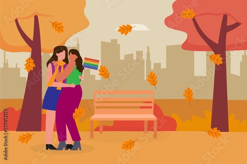 LGBT in autumn vector concept: Lesbian couple hugging in the park while holding rainbow flag in autumn season