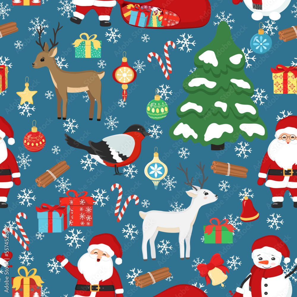Hand drawn seamless pattern of Santa Claus, deer, snowman, gifts, bird, decorative balls, tree, snowflakes. New Year and Christmas illustration for greeting card, invitation, wallpaper, wrapping paper