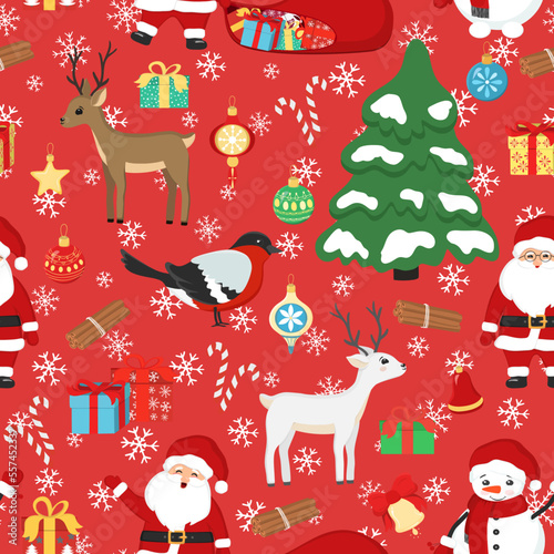 Hand drawn seamless pattern of Santa Claus, deer, snowman, gifts, bird, decorative balls, tree, snowflakes. New Year and Christmas illustration for greeting card, invitation, wallpaper, wrapping paper