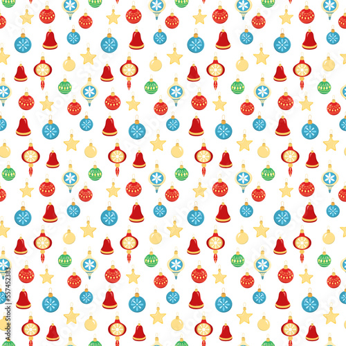 Fototapeta Naklejka Na Ścianę i Meble -  Hand drawn seamless pattern of colorful decorative glass Christmas tree balls. Happy New Year and Christmas drop ornaments holiday illustration for greeting card, invitation, wallpaper, wrapping paper
