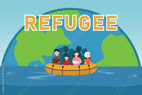 Refugee vector concept: Group of refugees moving to other region while using boat on the sea