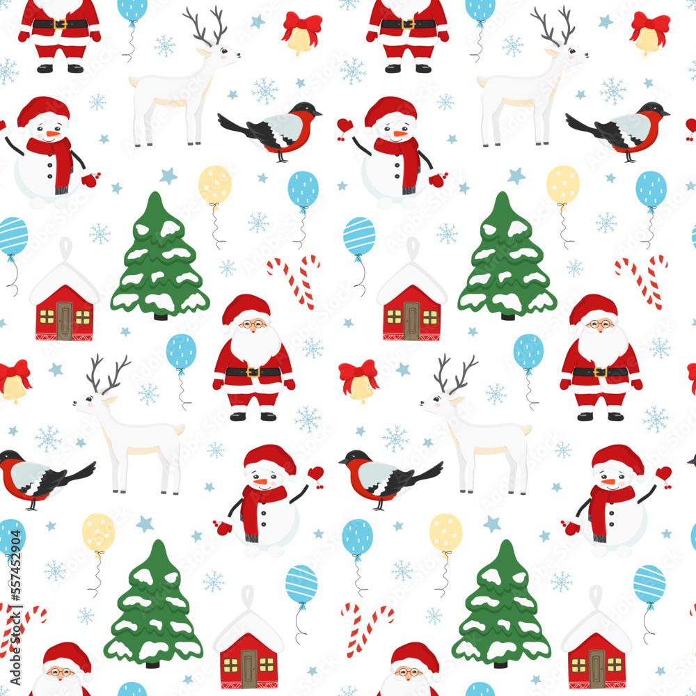 Hand drawn seamless pattern of Christmas tree, Santa Claus, deer, snowman, bird, bell, snowflake. Happy New Year and Christmas illustration for greeting card, invitation, wallpaper, wrapping paper