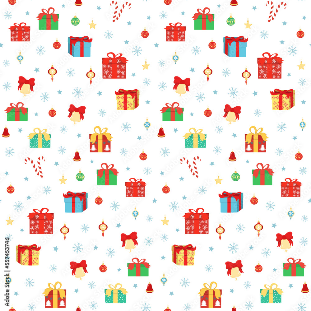 Fototapeta premium Hand drawn seamless pattern of decorative glass Christmas tree ball, snowflake, gift. Happy New Year and Christmas drop ornaments holiday illustration for greeting card, wallpaper, wrapping paper