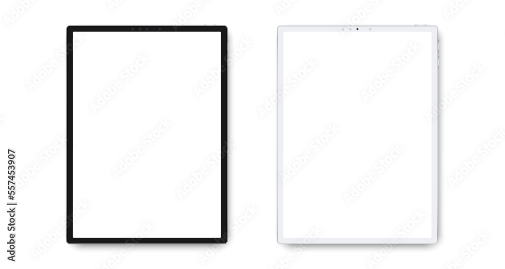Realistic tablet set with blank screen. Front display view. Black and white electronic gadget collection with shadow. Mockup template for your design. Vector illustration Realistic tablet set with blank screen. Front display view. Black and white electronic gadget collection with shadow. Mockup template for your design. Vector illustration