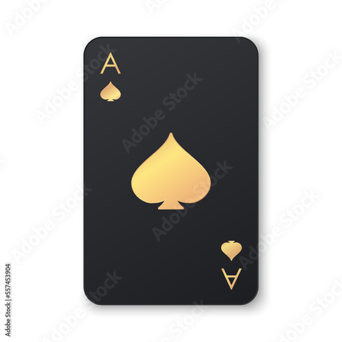 Black ace playing card suit with golden spades. Gambling card icon. A winning poker hand. Poker, gambling concept. Template for casino, web design. Vector illustration