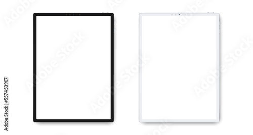 Realistic tablet set with blank screen. Front display view. Black and white electronic gadget collection with shadow. Mockup template for your design. Vector illustration