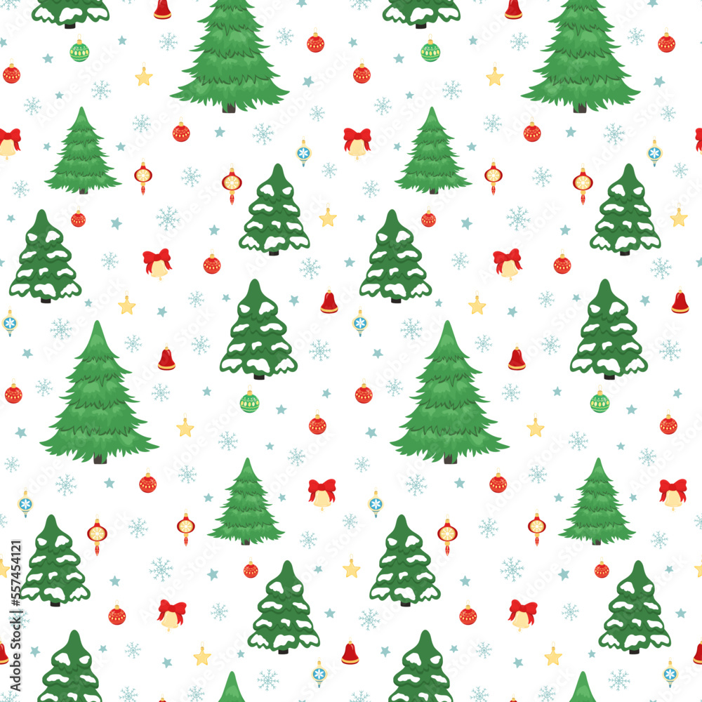 Hand drawn seamless pattern of Christmas tree, decorative colorful Christmas ball, star, snowflake. Happy New Year and Christmas illustration for greeting card, invitation, wallpaper, wrapping paper