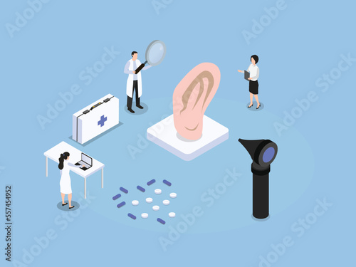 Otology 3D isometric vector concept. doctor examining the patient ear in the clinic