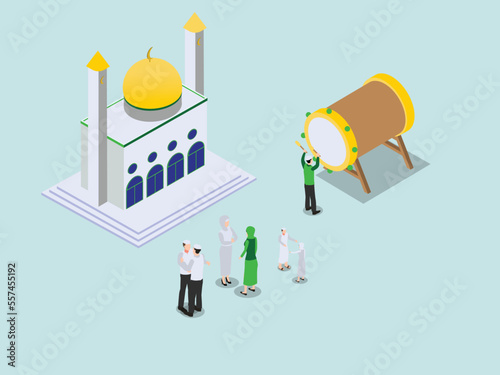 Eid al-fitr celebration at mosque isometric design