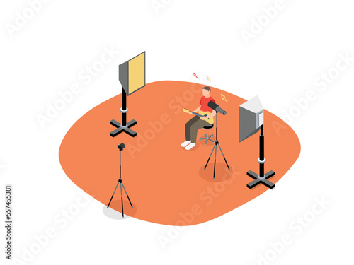 Musician content creator, playing guitar while recoding a video