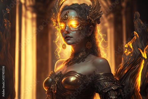  illustration of beautiful goddess with glowing light in gold golden tone color, ancient altar photo