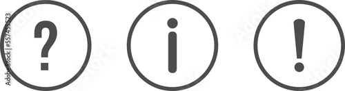 Notice icon set. Alert icon set. Question mark, information, exclamation mark icons.