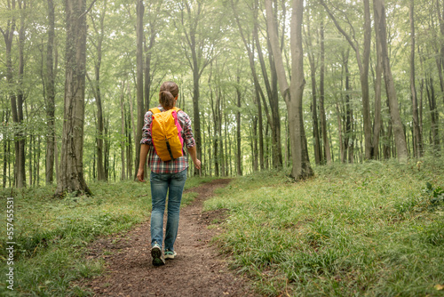 Bild auf Leinwand woman backpacker walking through the woods, rear view.