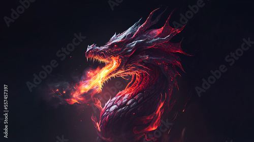 Fire dragon breathing fire. Fantasy illustration character. Black background. Fantasy fire dragon. Generative AI 