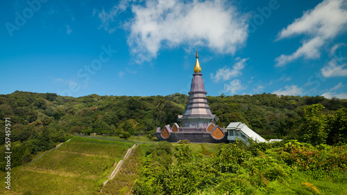 Famous Doi Inthanon national park. Two pagodas view at the Inthanon mountain on a beautiful day. Northern Thailand most popular tourist destinations. Chiang Mai, Thailand