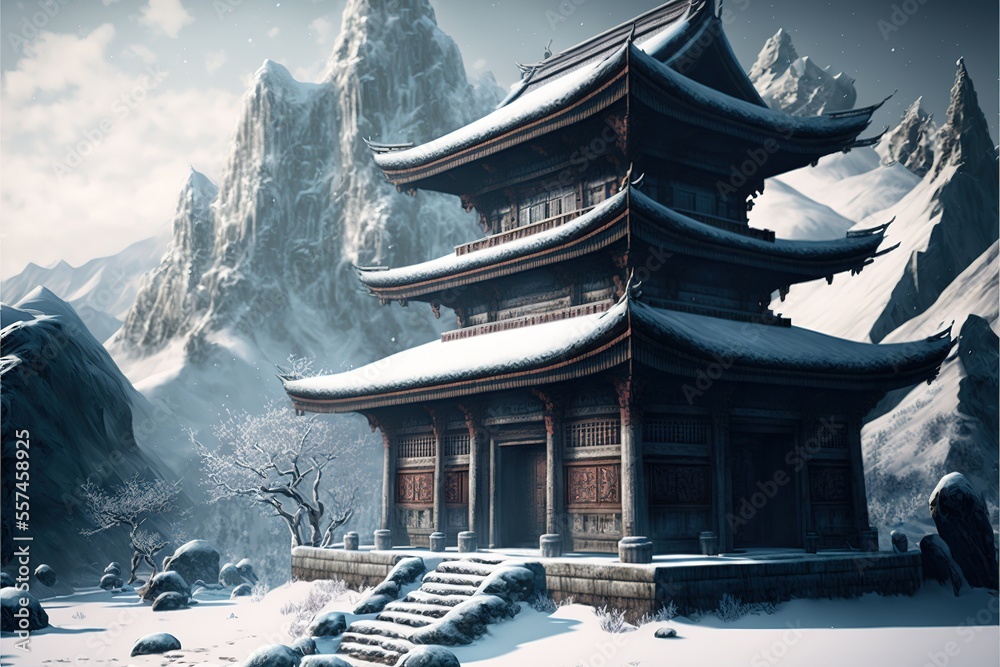 Buddhist old temple at winter landscape and snowy Generated AI