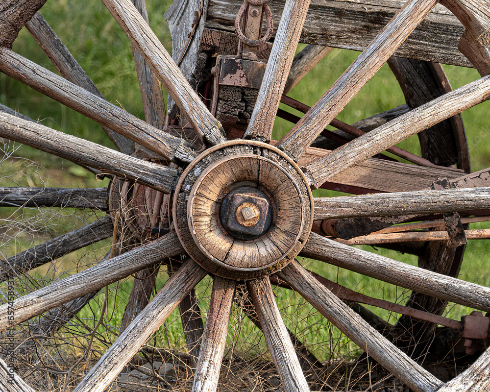 Closeup of an old wooden wagon wheel