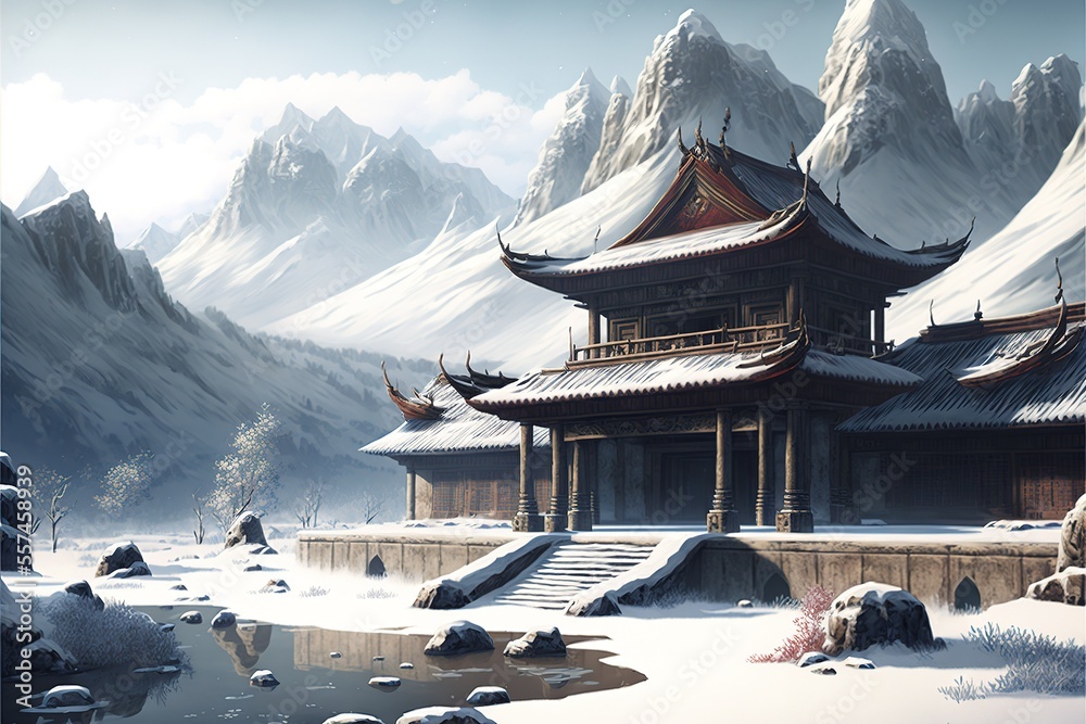 Buddhist old temple at winter landscape and snowy mountains at background Generated AI
